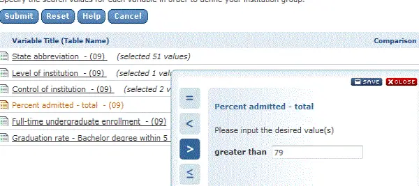 Percent admitted value selection