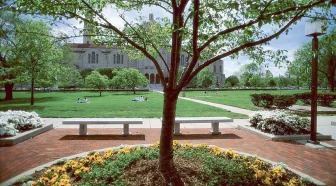 A brick pathway with benches leads to a tree in the foreground, and a large building with arched windows, characteristic of the Catholic University of America profile, is visible in the background, surrounded by a green lawn and people.