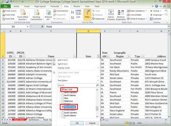 Excel filters menu options