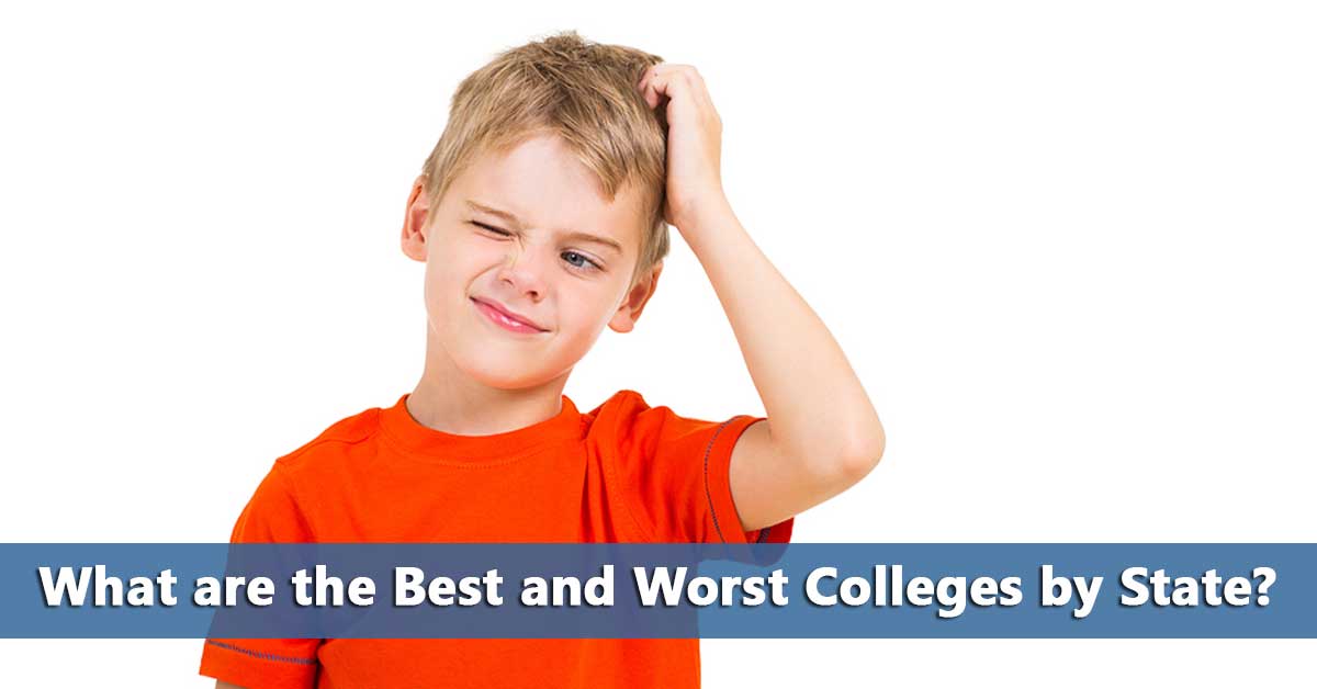 A child in an orange shirt scratches their head, looking confused. A text banner at the bottom asks, "What are the Best and Worst Colleges by State?.