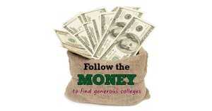 A burlap sack overflowing with U.S. hundred-dollar bills. The text on the sack reads, "Follow the MONEY to find generous colleges.