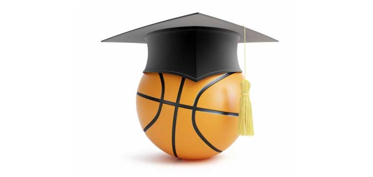 Basketball and mortar board representing stacking athletic and academic scholarships