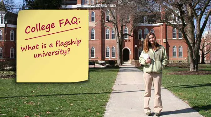 student in front of college asking what are flagship universities