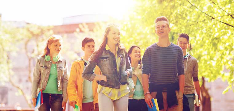 A group of six young people, three girls and three boys, walk together outdoors on a sunny day. They are smiling, holding books, and their demonstrated interest in the topics they discuss is evident. Trees and sunlight frame their cheerful conversation in the background.