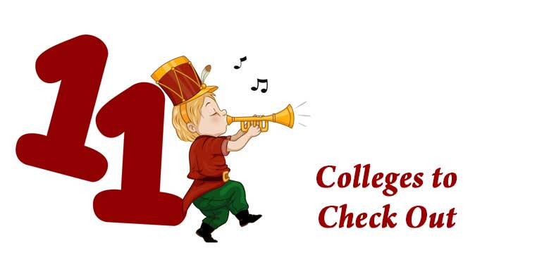 Illustration of a child in a red top and green pants blowing a trumpet, next to a large red "11" and the text "Colleges to Check Out." This festive scene brings the magic of Christmas 2017 alive, reminiscent of the 12 Days of Christmas.