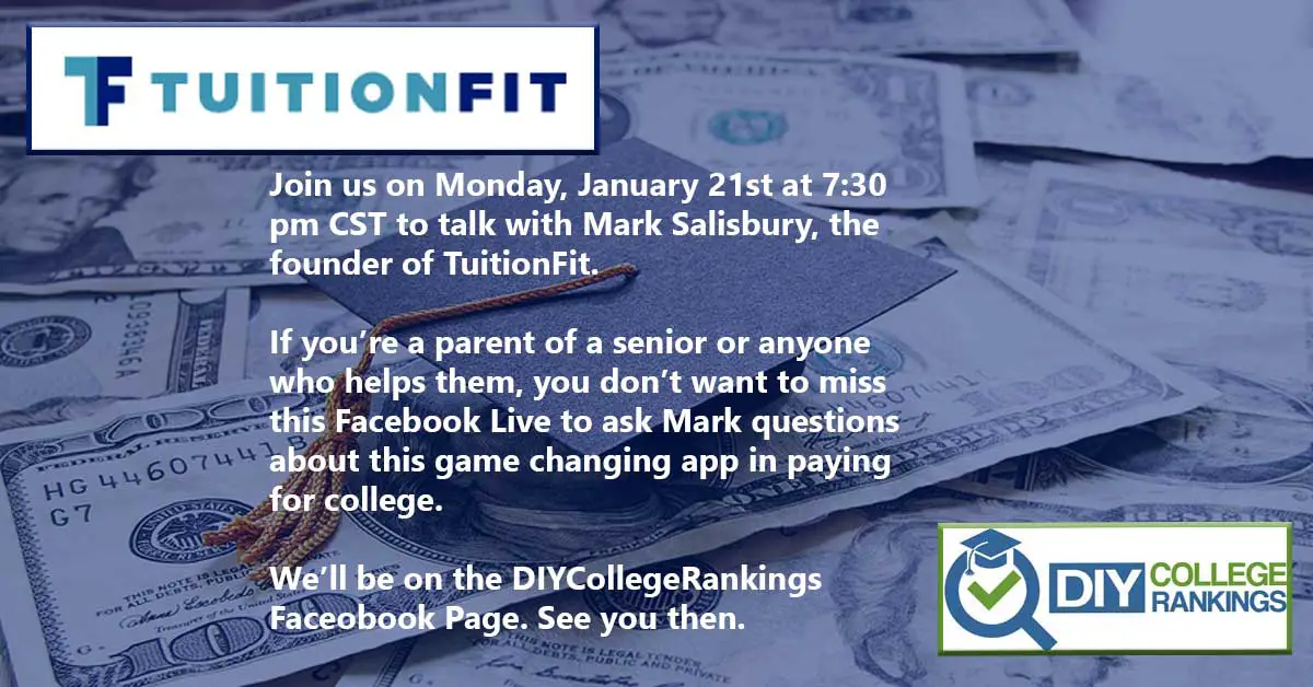 Promotional image for a Facebook Live event by TuitionFit on January 21st at 7:30 pm CST featuring Mark Salisbury, discussing a college funding app, hosted on the DIY College Rankings Facebook page.