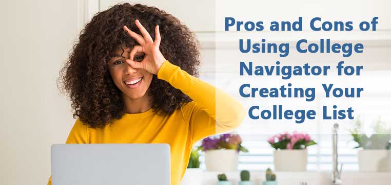 Person smiling and making an "OK" gesture with their hand while sitting at a desk with a laptop. Text reads, "College Navigator pros and cons for creating your college list.