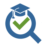 Icon of a blue magnifying glass with a graduation cap on top, featuring ...